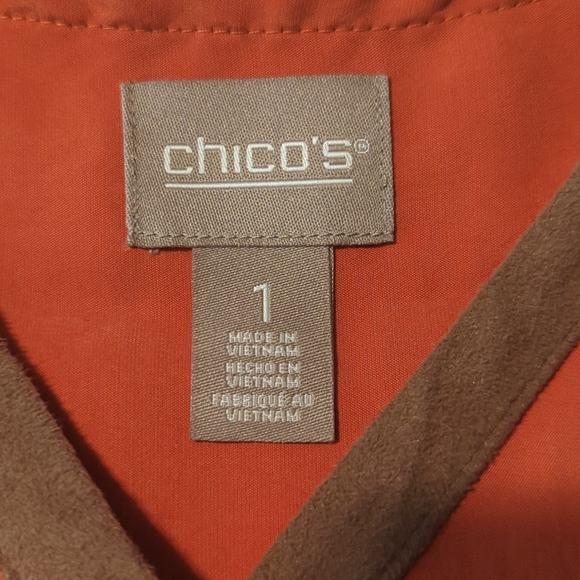 Chico's Burnt Orange Snap Front Blouse w/ Suede Like Trim Women's Sz 1 (Med.-8) - Picture 6 of 8